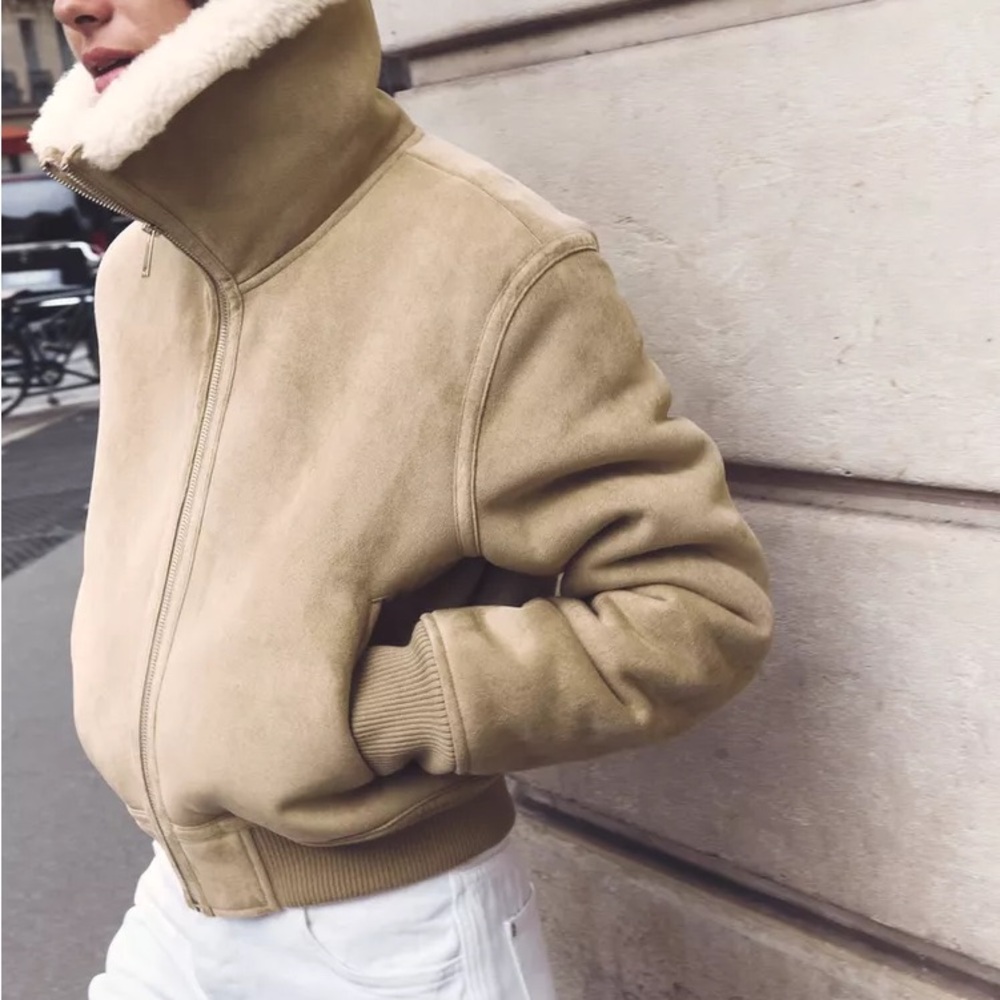 Zara Tan Bomber Jacket with Sherpa Collar
